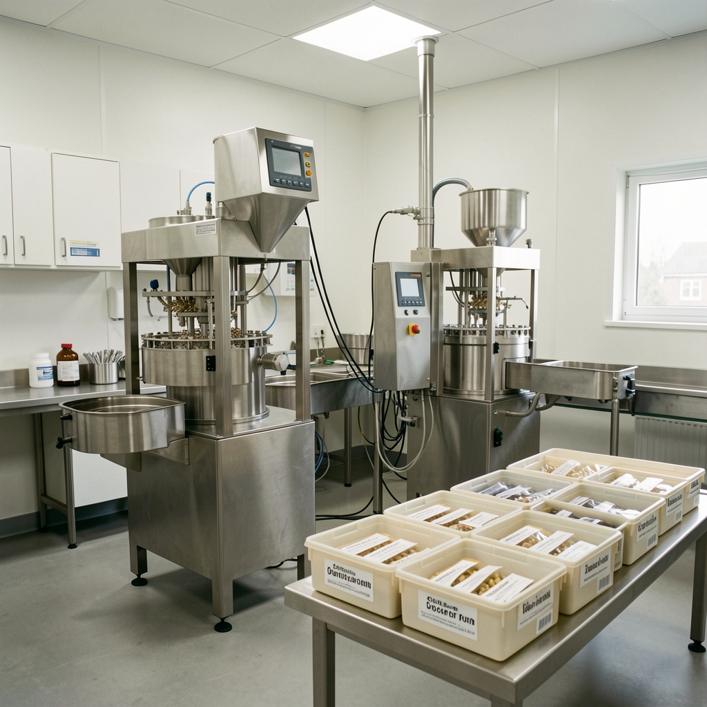 Small UK food supplement production room with stainless steel encapsulation equipment and labelled batch trays