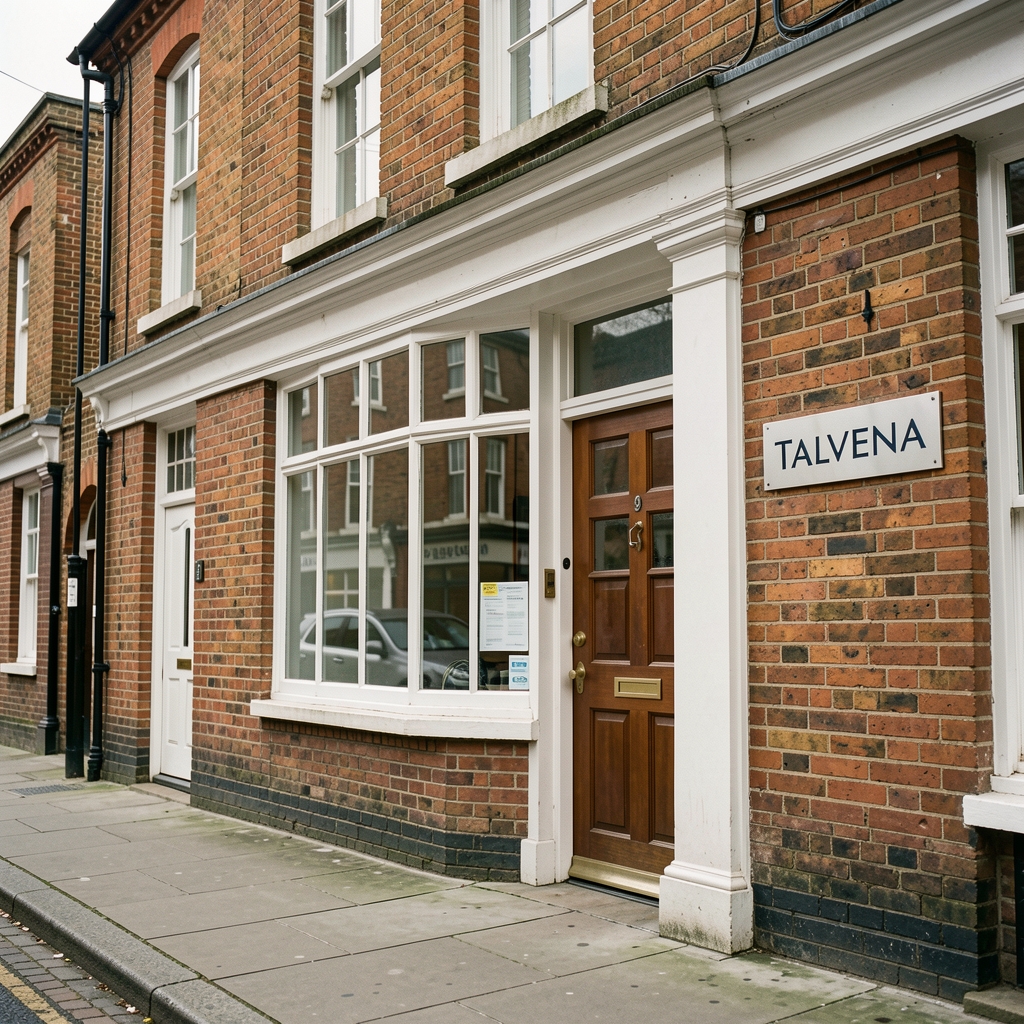 Exterior of a small high-street office building in Bristol with a Talvena nameplate beside the front door