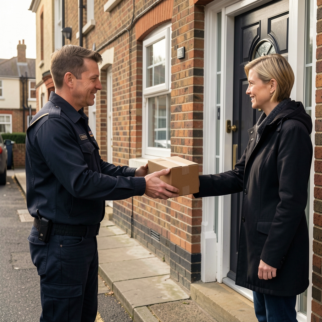 Courier handing a discreet brown parcel to a customer at their front door in a UK residential street