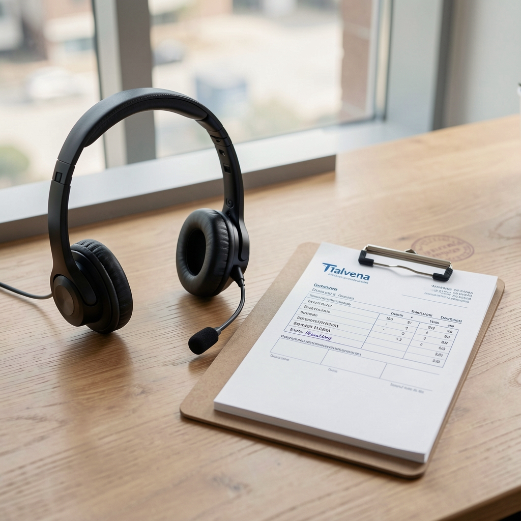 Customer service headset and notepad on a desk beside a Talvena order confirmation slip