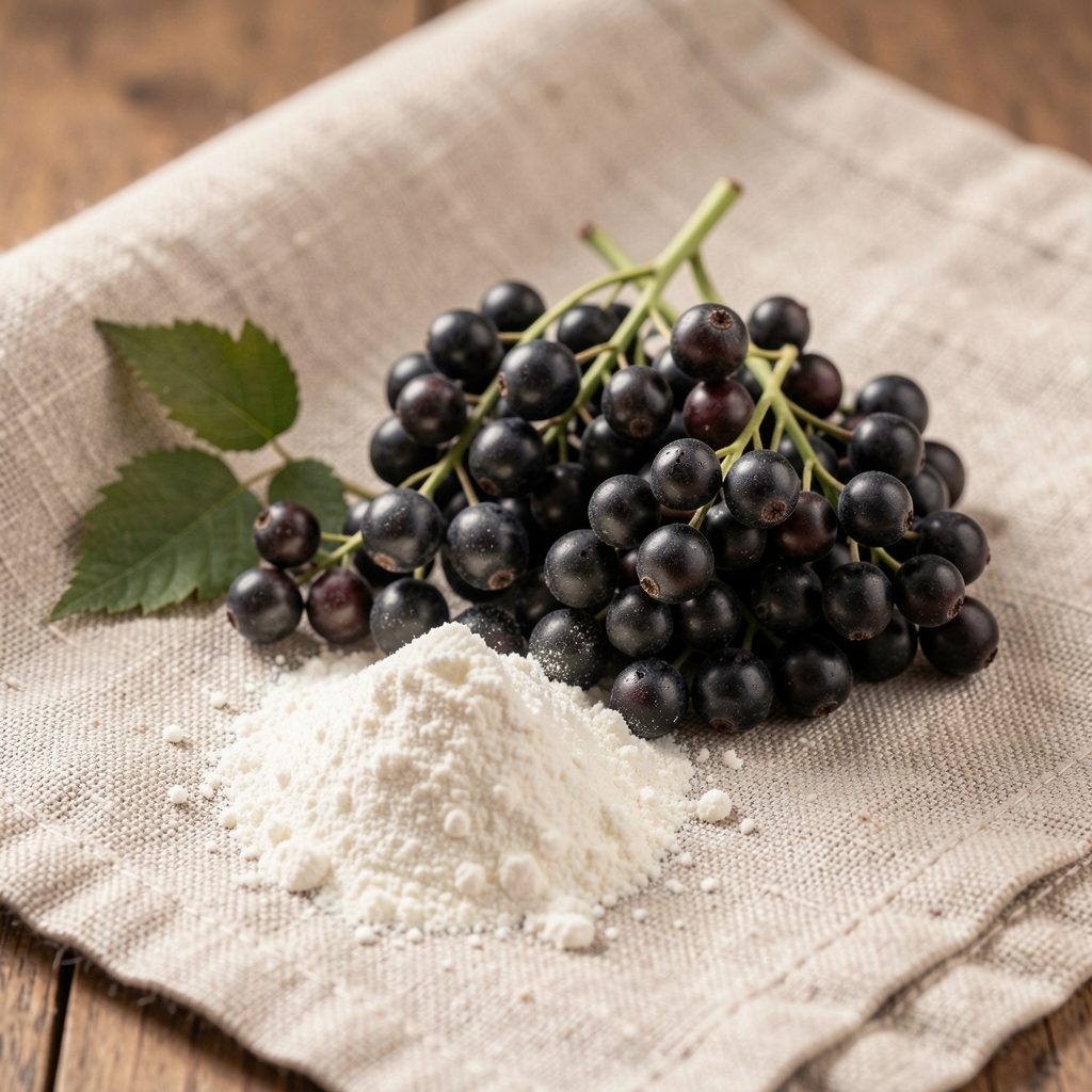 Close-up of fresh elderberries and zinc picolinate powder arranged on a linen cloth