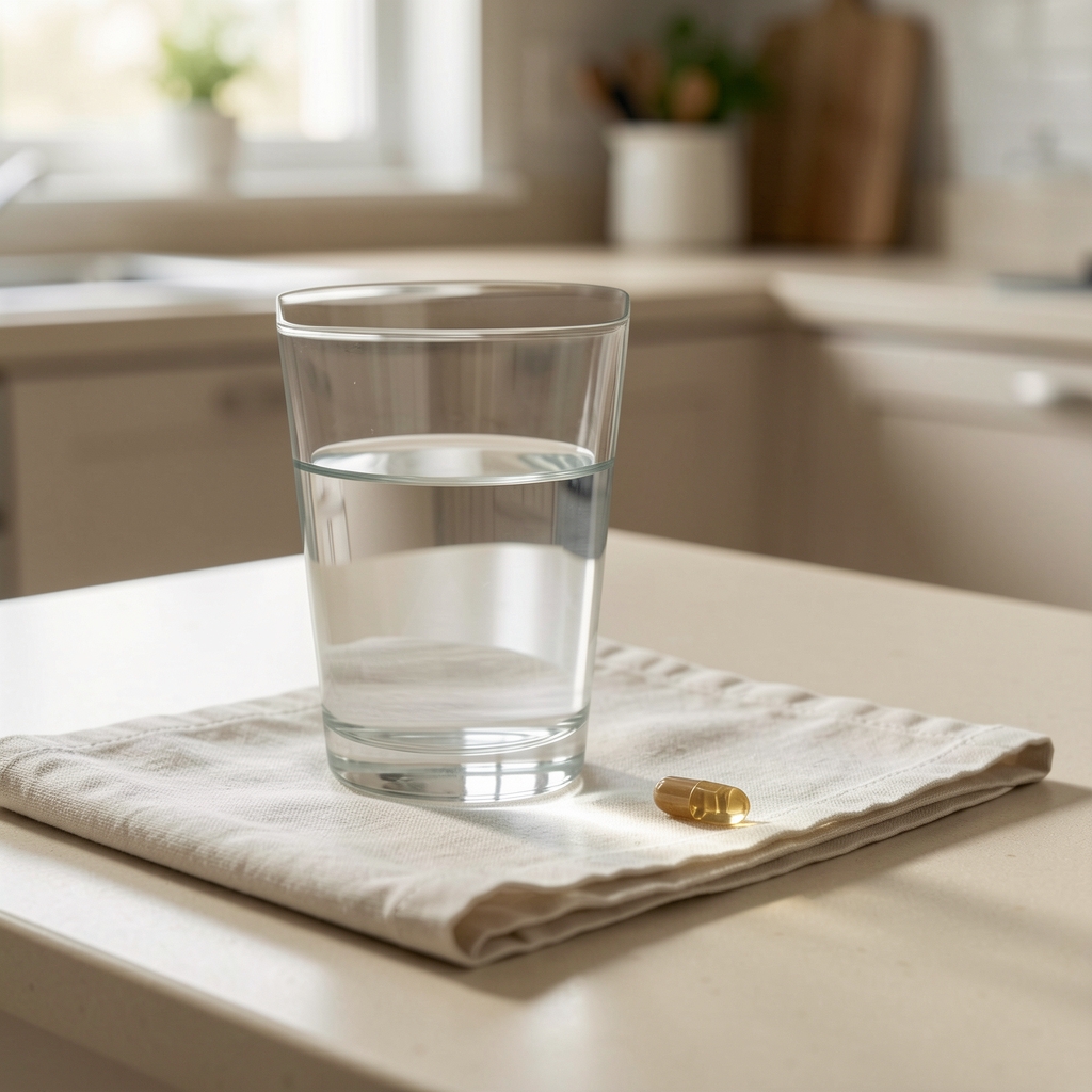 Glass of water and a single capsule placed beside a notebook on a bright kitchen counter